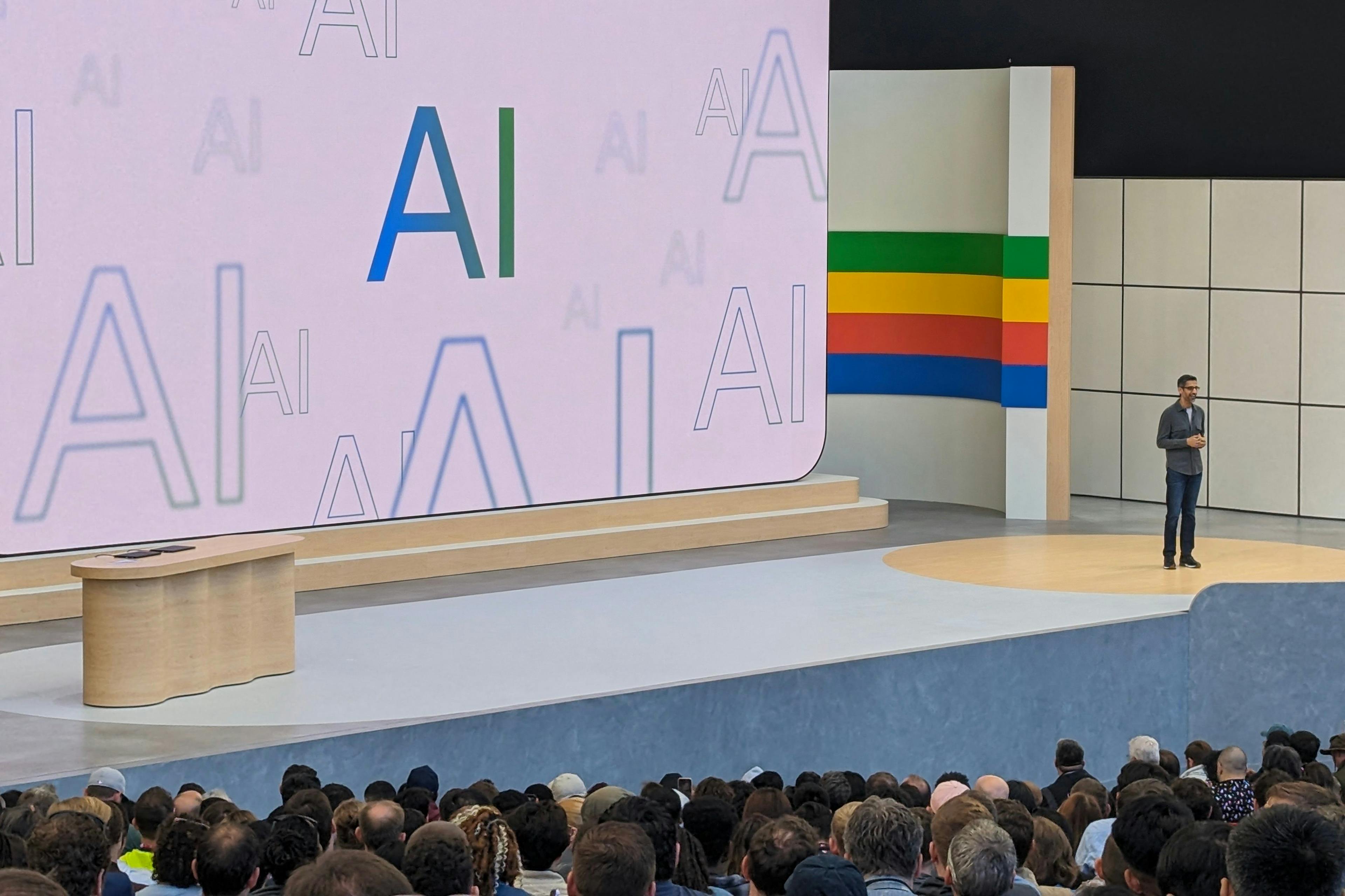 Google CEO Sundar Pichai onstage during Google's annual I/O developers conference on May 14, 2024.