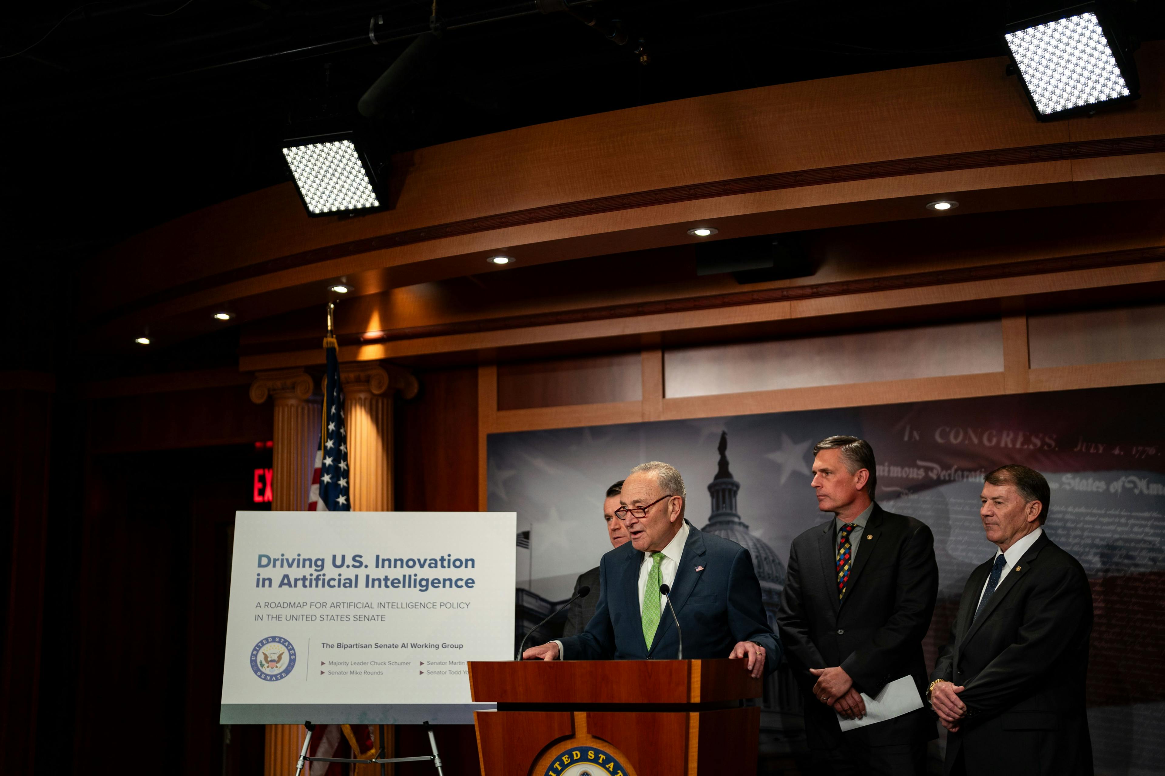 Sen. Schumer, Rounds, Young, and Heinrich hold a press conference announcing their AI roadmap.