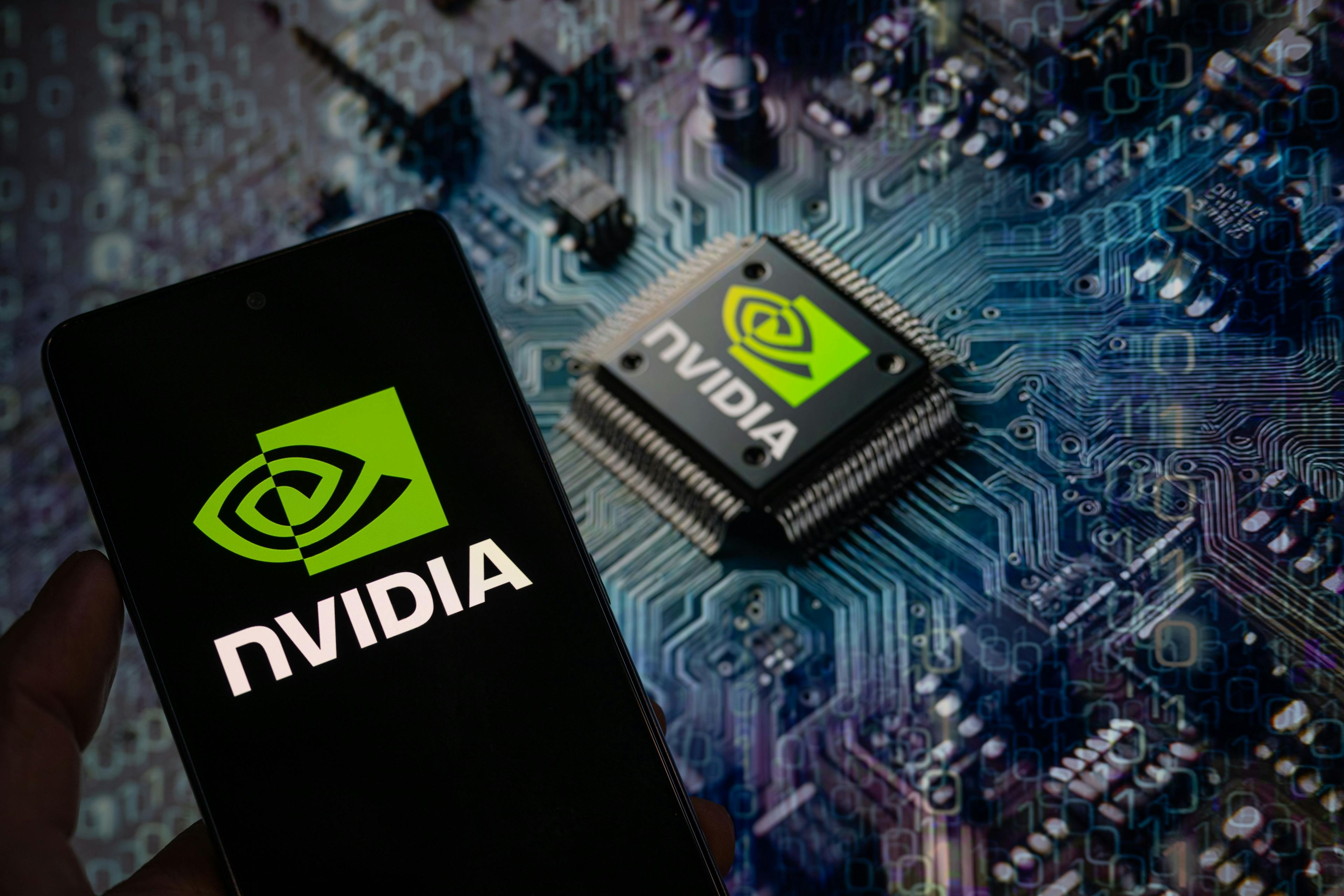 An Nvidia logo on a computer chip.