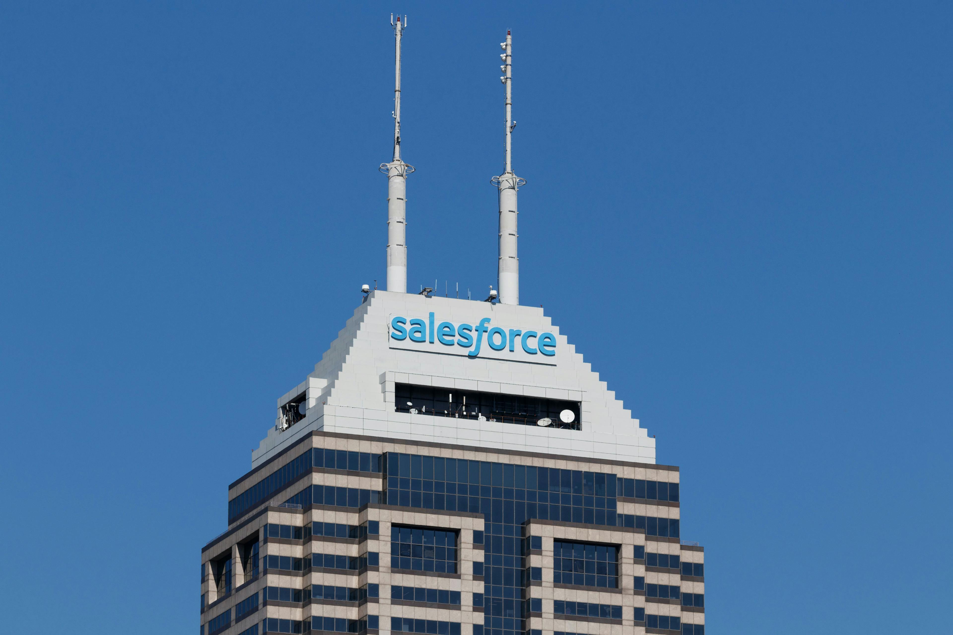 An image of a Salesforce building against a clear blue sky