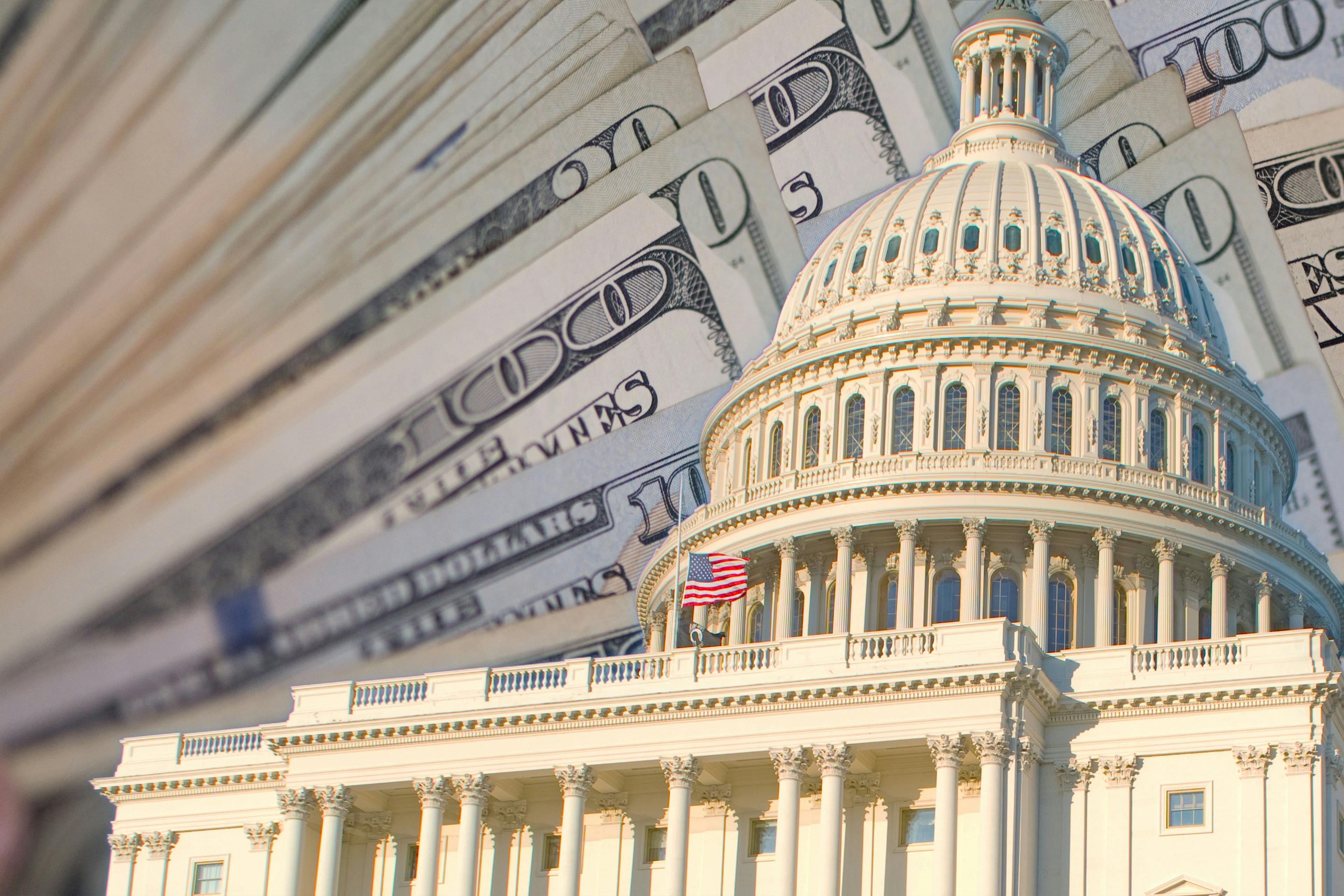 Illustration of US Capitol with currency in the background