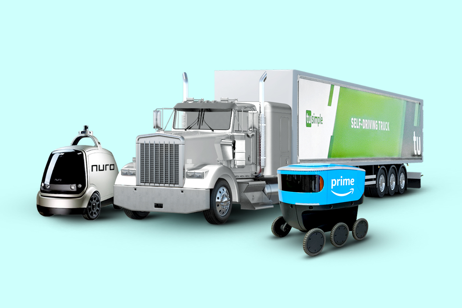 An artist's rendering of a Nuro robotic vehicle, TuSimple self-driving truck, and Amazon Scout delivery robot, side by side