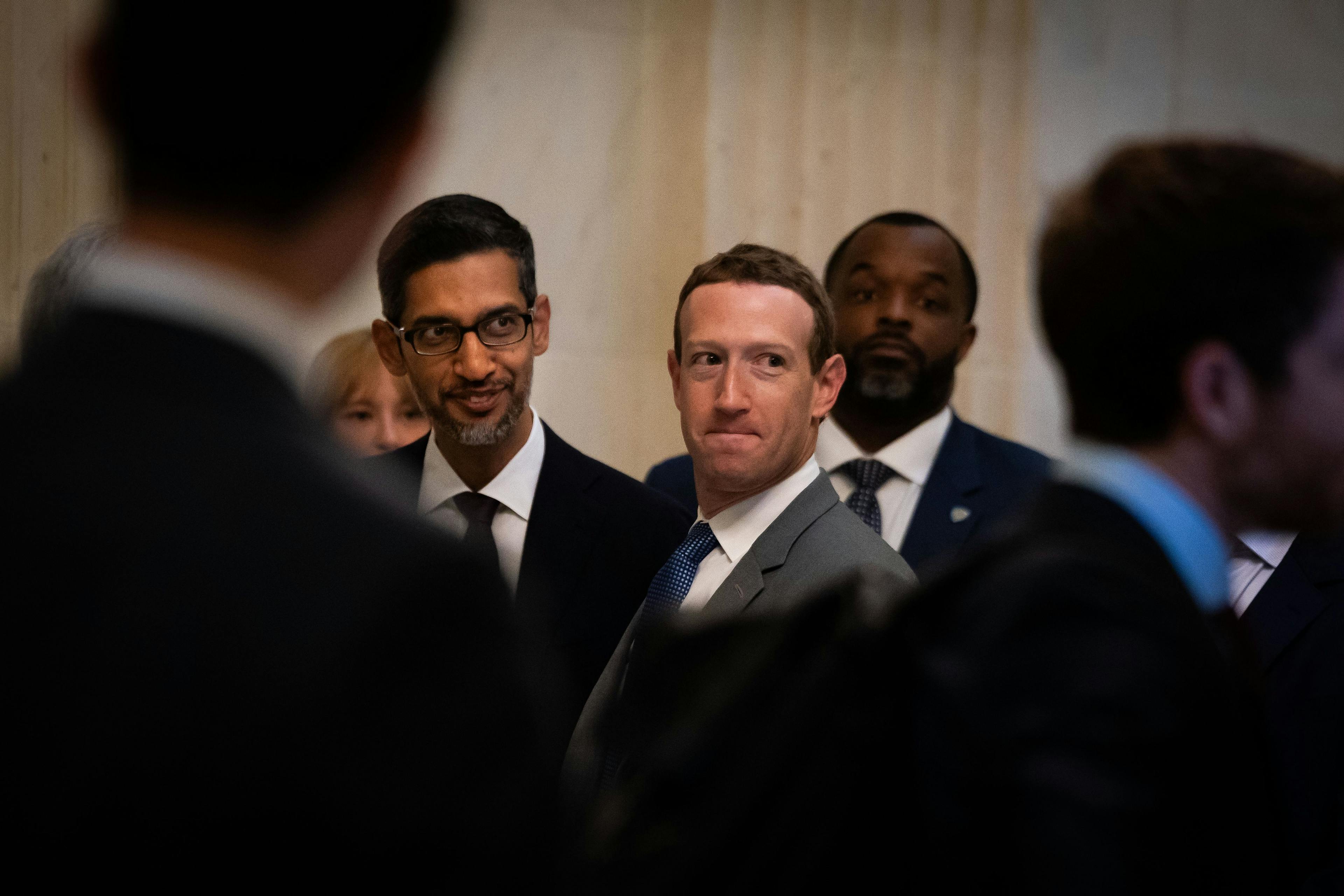 Image of Google CEO Sundar Pichai and Meta CEO Mark Zuckerberg at the Senate bipartisan AI Insight Forum on Capitol Hill in Washington.