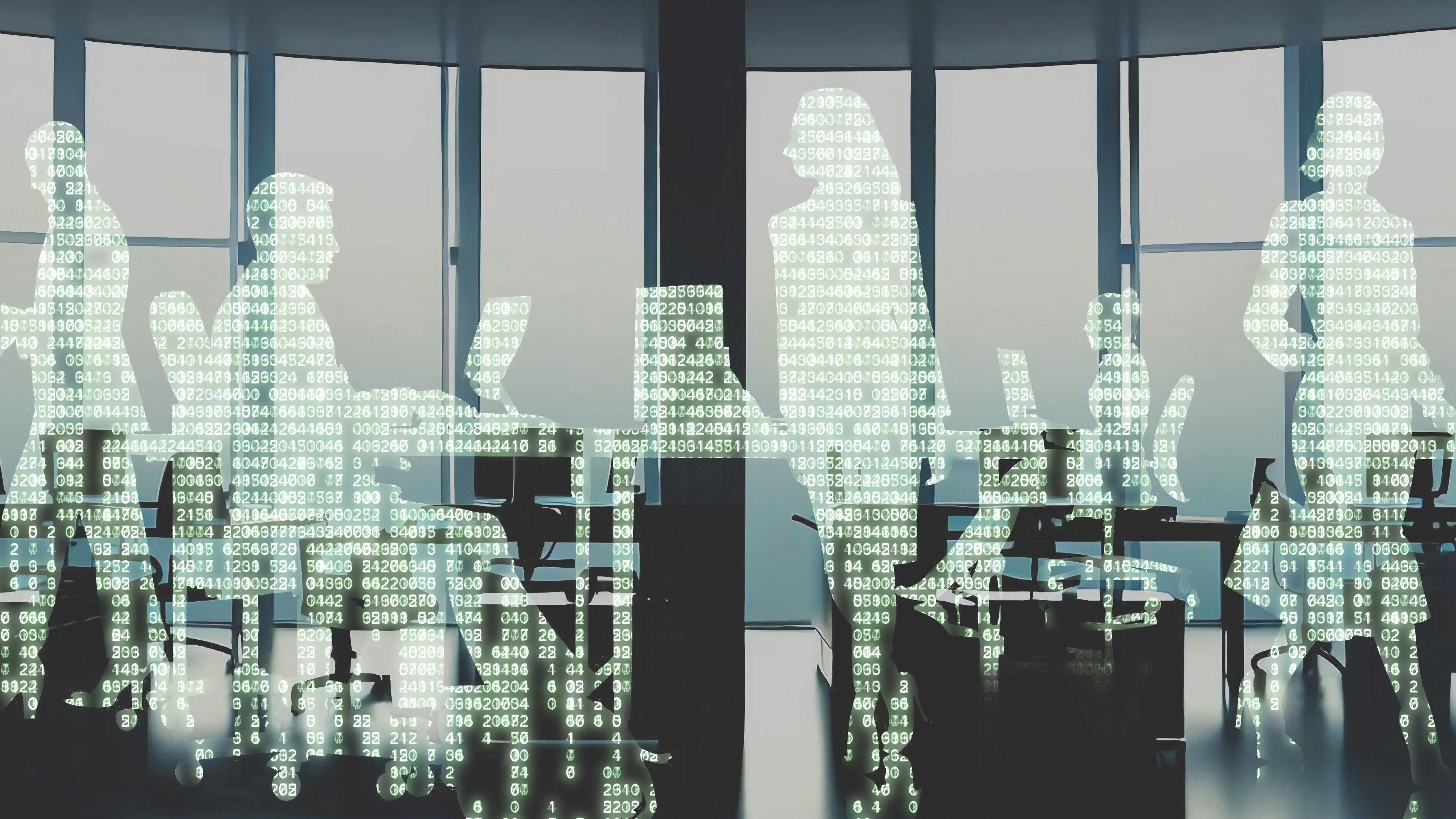 An office full of silhouettes of workers filled with The Matrix-style cascading computer code