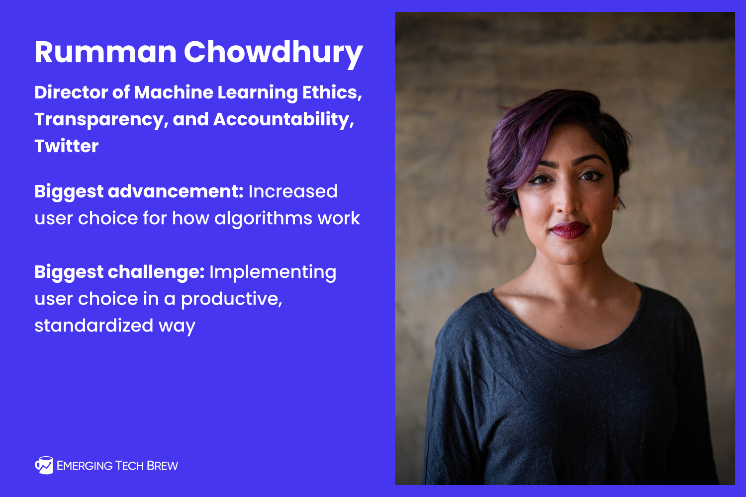 headshot of Rumman Chowdhury, head of AI ethics at twitter
