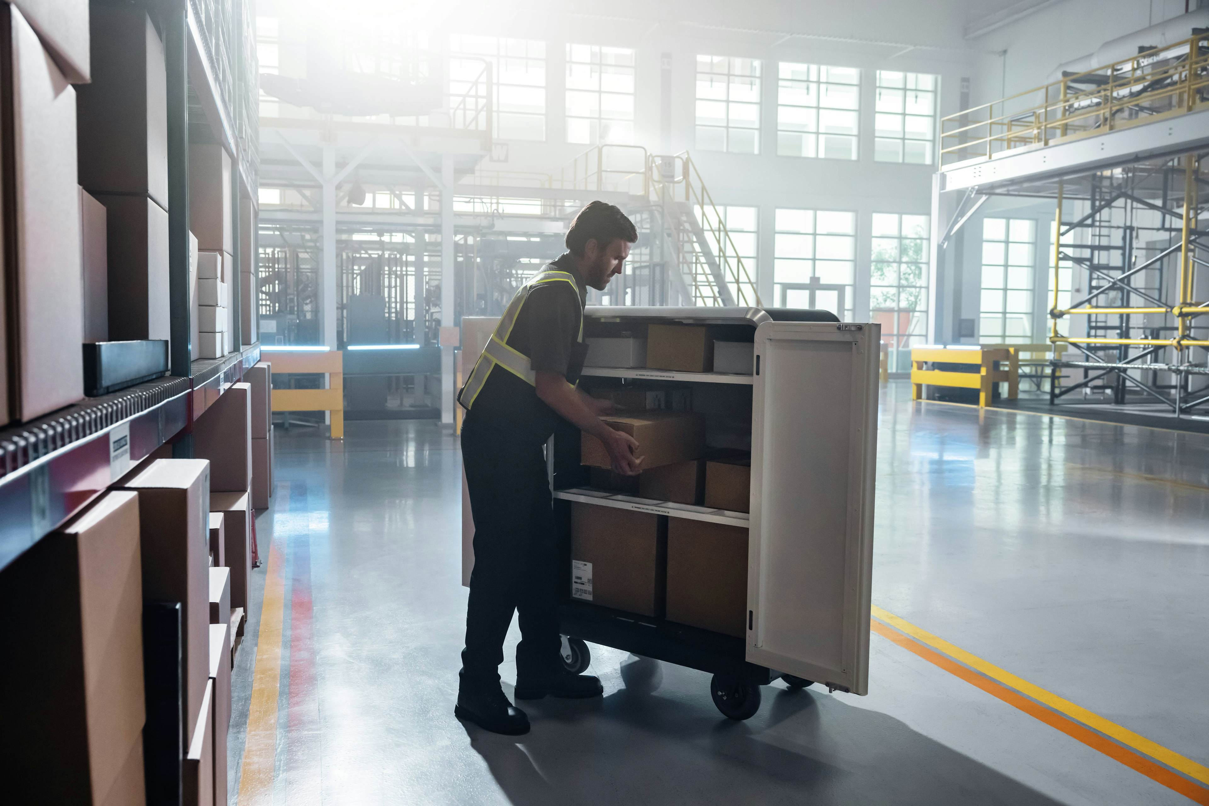 Image of a warehouse worker loading packages into GM's mobile delivery hub, EP1.
