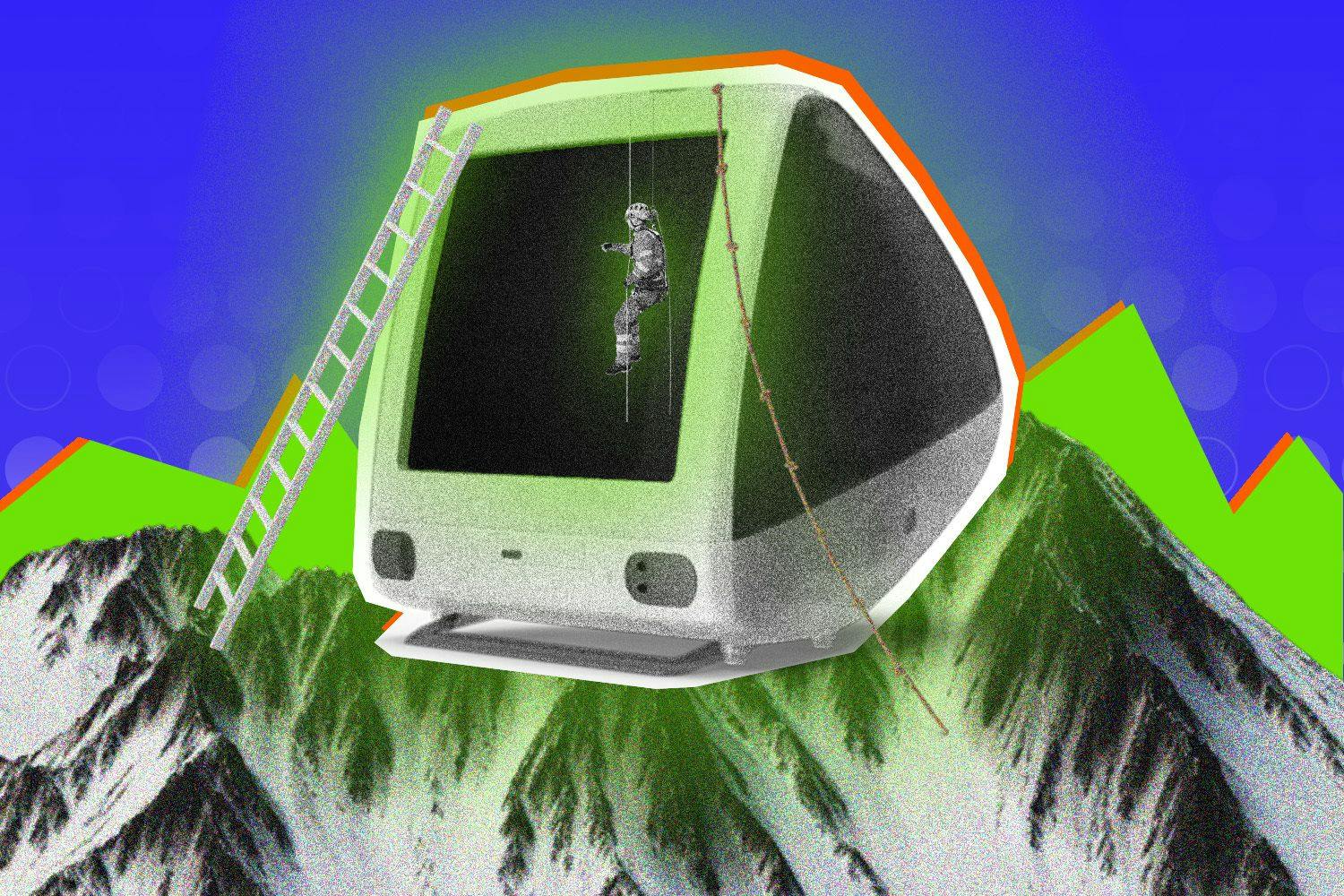 image of old pC overlaid on mountains
