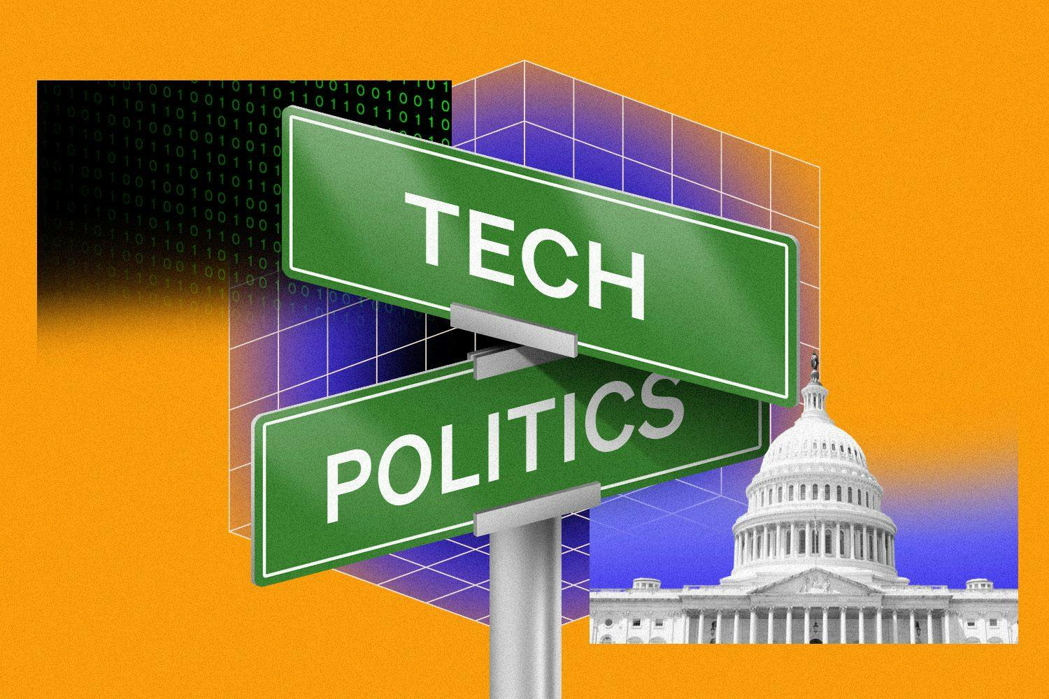 Street signs show the corner of tech and politics.