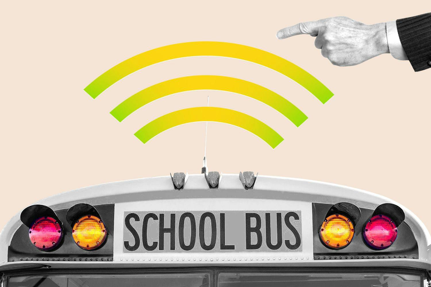 School bus with a wifi symbol above, and a hand wagging its finger at it