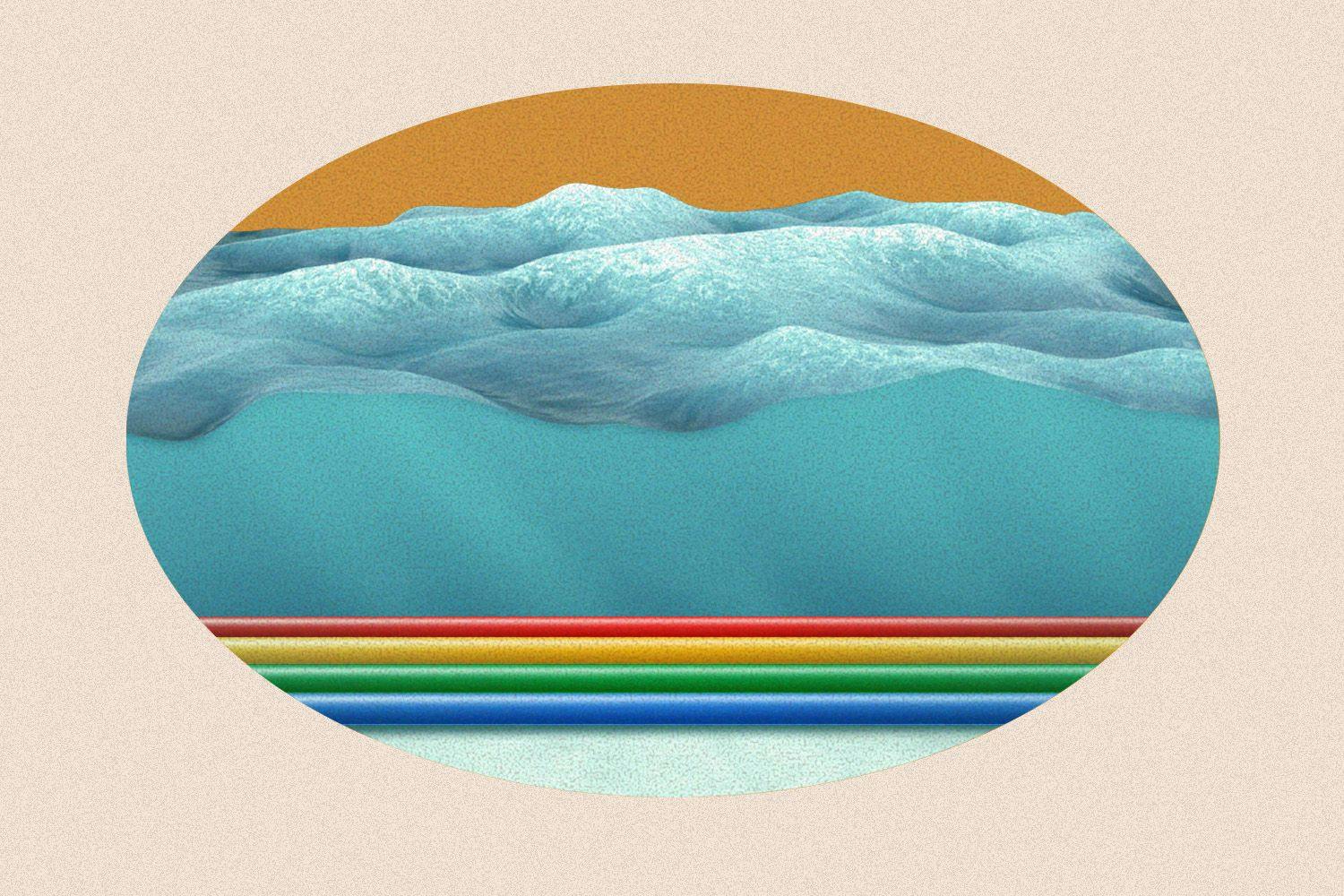 A circle cutout of a 2D ocean with a tan sky and colorful cables running across the ocean floor